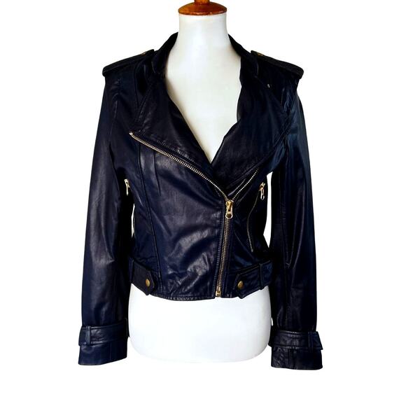 Kookai Paris Genuine Leather Biker Jacket Navy Blue Size 38 New With Tags - Picture 5 of 10
